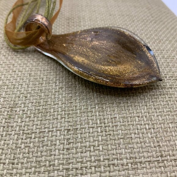 Murano Style Blown Glass Teardrop Pendant Gold Tone Ribbon Lace Necklace - Picture 7 of 7